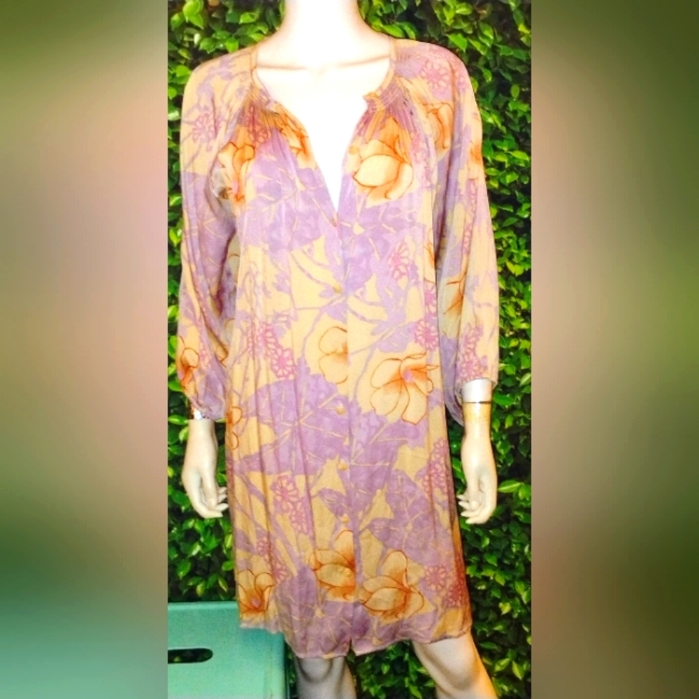Floral Purple and Orange Floral Silk Button Front Collarless Dress By Tucker M